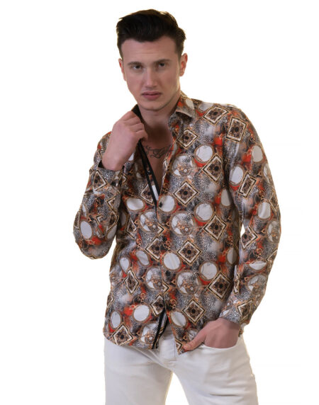 Multi Color Greek Key Medusa Head Mens Slim Fit Designer Dress Shirt – tailored Cotton Shirts for Work and Casual Wear
