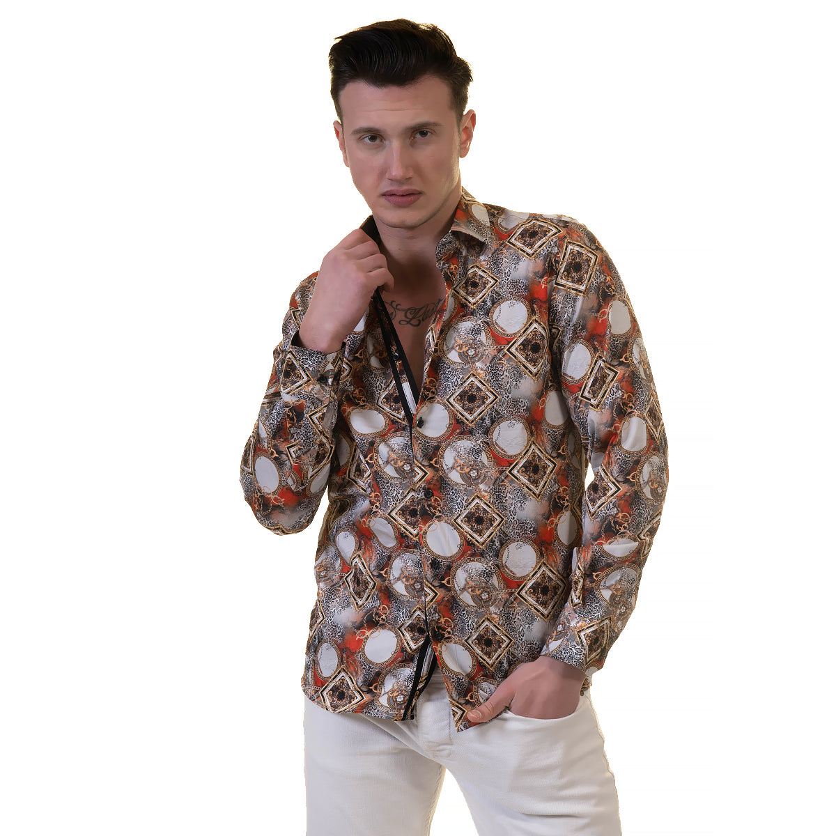 Multi Color Greek Key Medusa Head Mens Slim Fit Designer Dress Shirt - tailored Cotton Shirts for Work and Casual Wear - Image 3