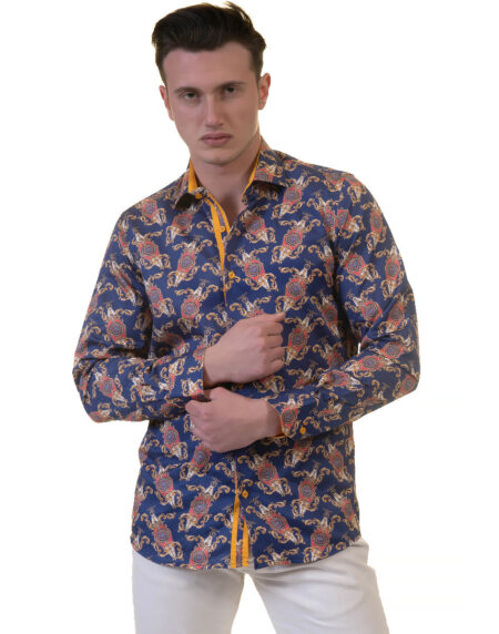 White Blue Tropical Mens Slim Fit Designer Dress Shirt – tailored Cotton Shirts for Work and Casual Wear