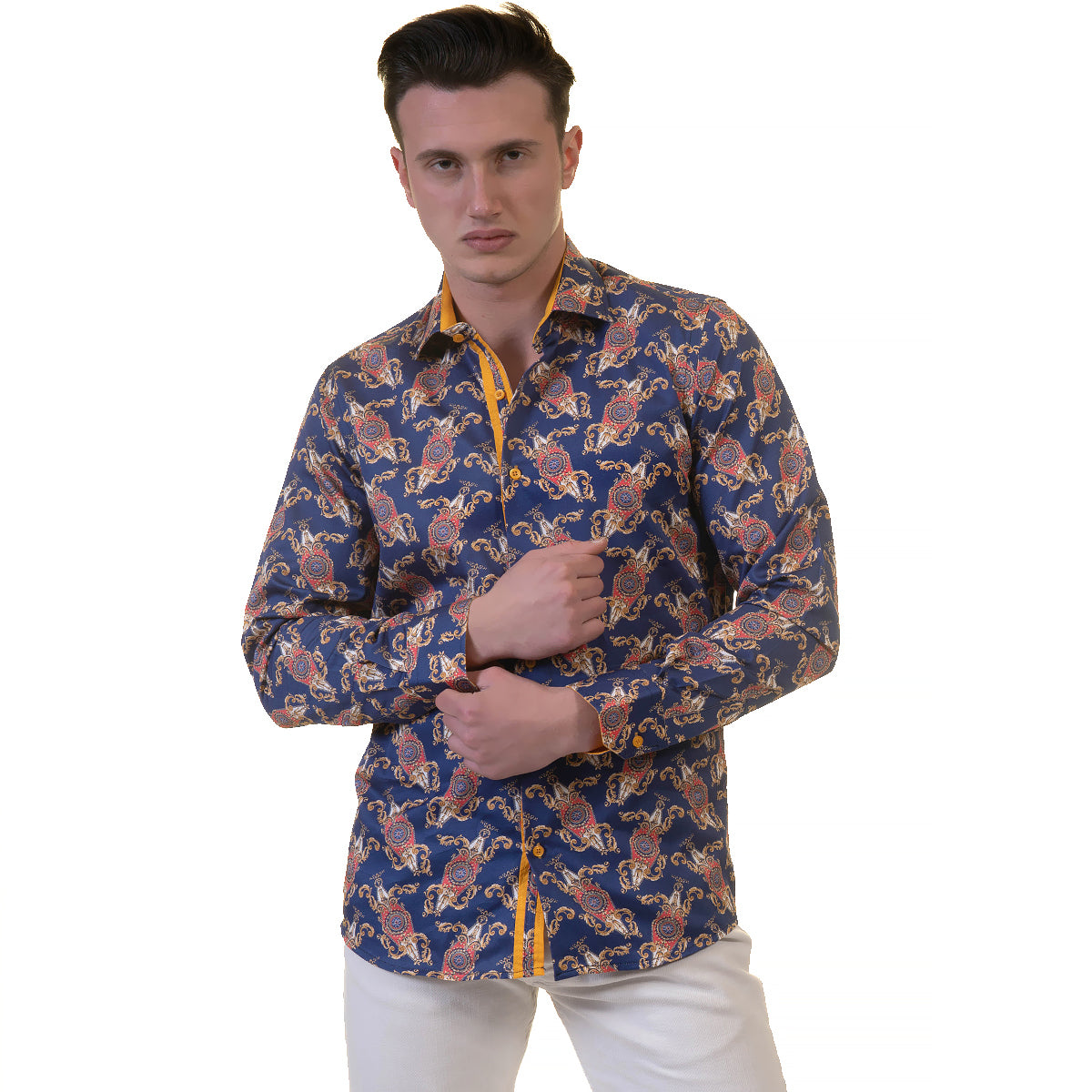 White Blue Tropical Mens Slim Fit Designer Dress Shirt - tailored Cotton Shirts for Work and Casual Wear - Image 5