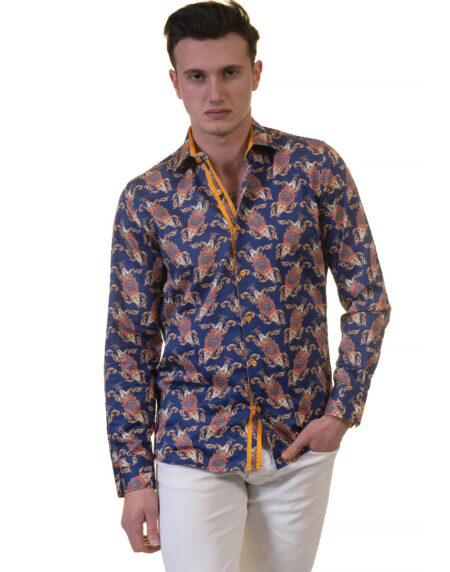 White Blue Tropical Mens Slim Fit Designer Dress Shirt – tailored Cotton Shirts for Work and Casual Wear