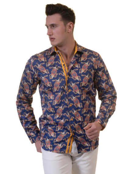 White Blue Tropical Mens Slim Fit Designer Dress Shirt – tailored Cotton Shirts for Work and Casual Wear