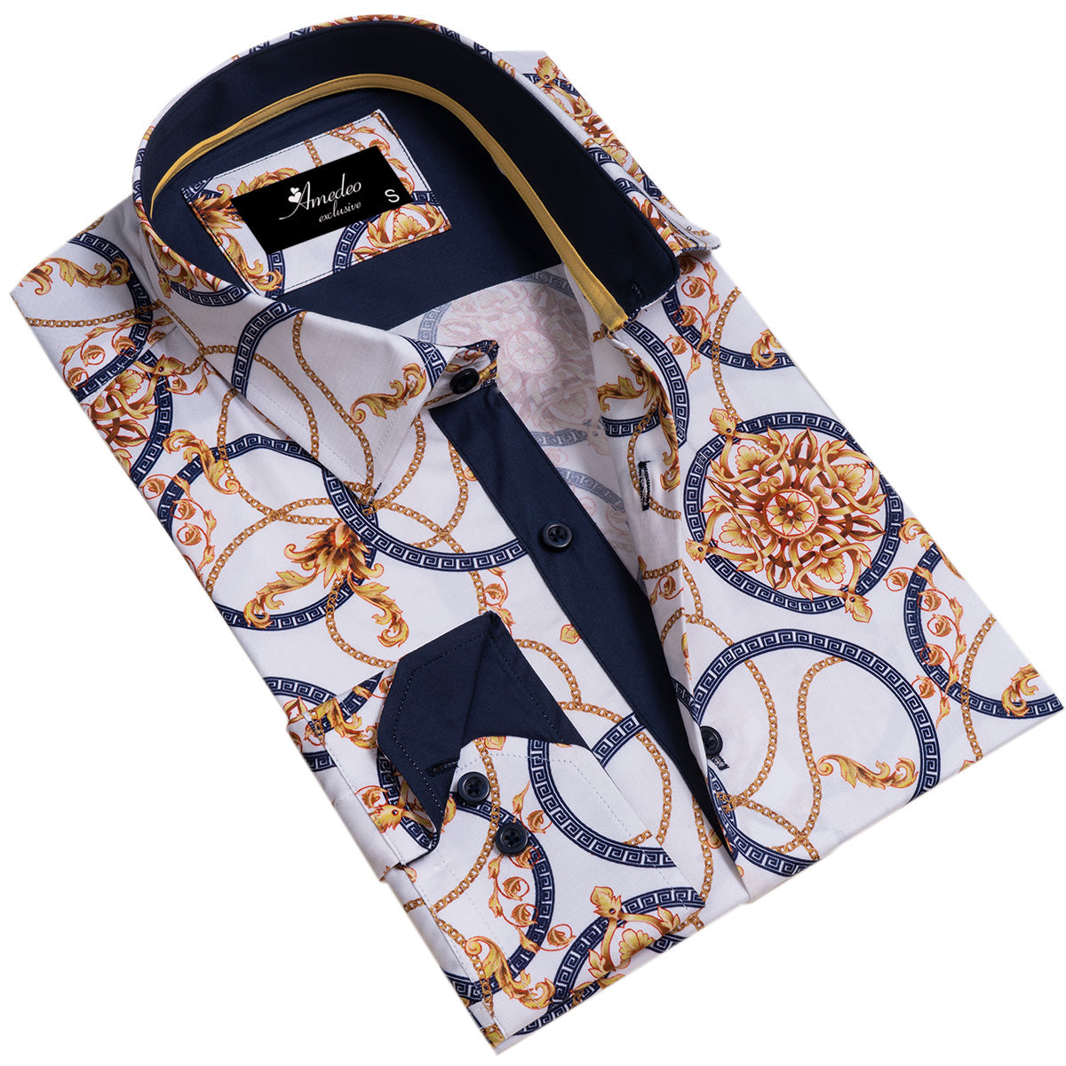 White And Gold Medusa Head Mens Slim Fit Designer Dress Shirt – tailored Cotton Shirts for Work and Casual Wear