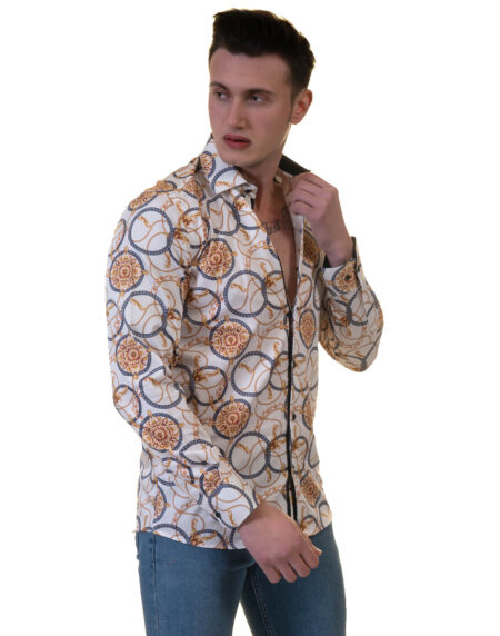 White And Gold Medusa Head Mens Slim Fit Designer Dress Shirt – tailored Cotton Shirts for Work and Casual Wear