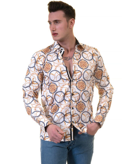 White And Gold Medusa Head Mens Slim Fit Designer Dress Shirt – tailored Cotton Shirts for Work and Casual Wear