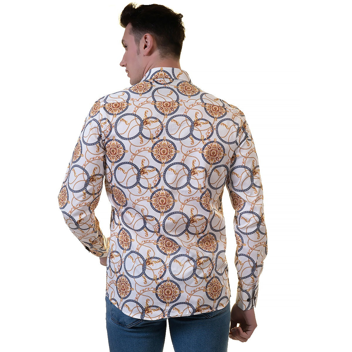 White And Gold Medusa Head Mens Slim Fit Designer Dress Shirt - tailored Cotton Shirts for Work and Casual Wear - Image 4