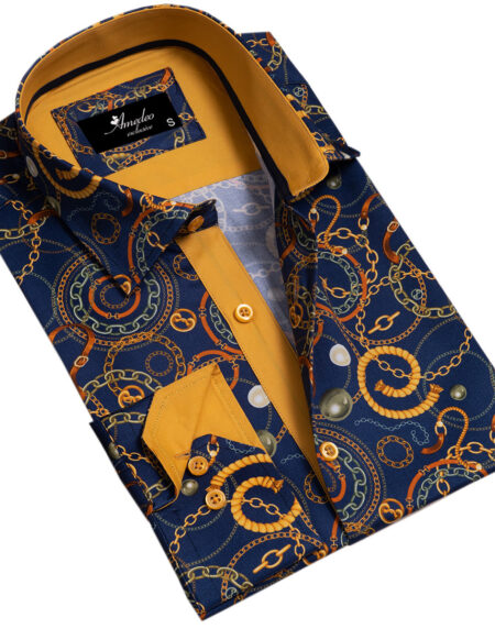 Blue with Orange Swirls Mens Slim Fit Designer Dress Shirt – tailored Cotton Shirts for Work and Casual Wear