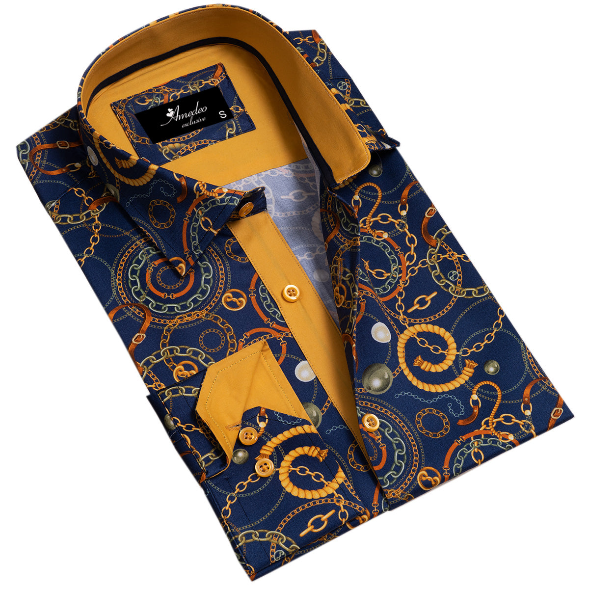 Blue with Orange Swirls Mens Slim Fit Designer Dress Shirt – tailored Cotton Shirts for Work and Casual Wear