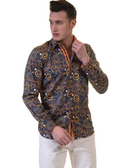 Blue with Orange Swirls Mens Slim Fit Designer Dress Shirt – tailored Cotton Shirts for Work and Casual Wear