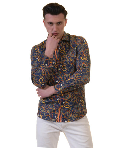 Blue with Orange Swirls Mens Slim Fit Designer Dress Shirt – tailored Cotton Shirts for Work and Casual Wear