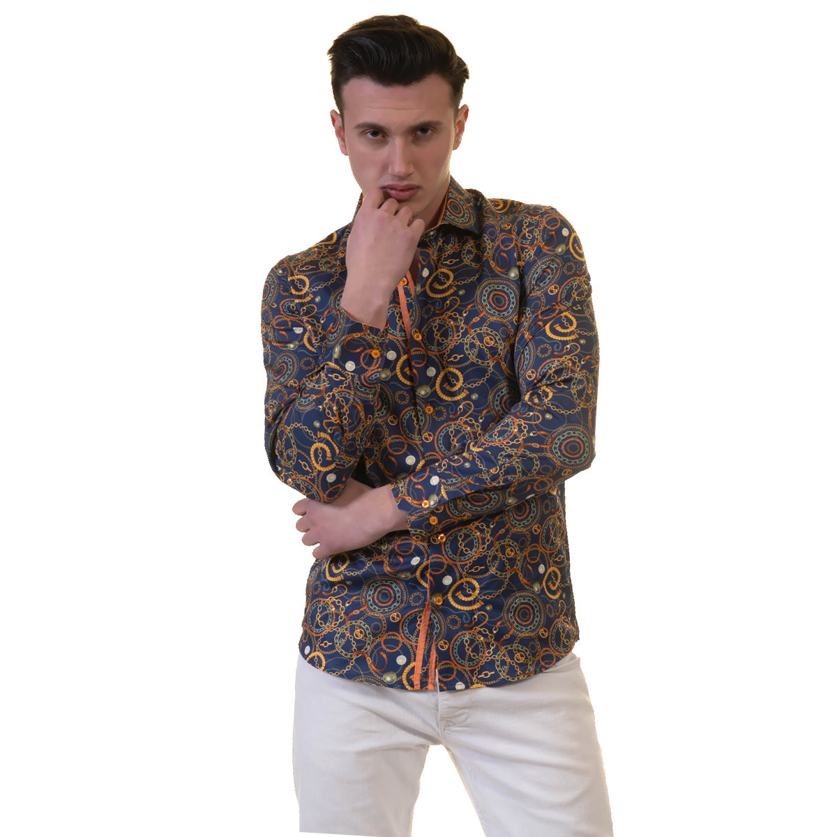 Blue with Orange Swirls Mens Slim Fit Designer Dress Shirt - tailored Cotton Shirts for Work and Casual Wear - Image 6