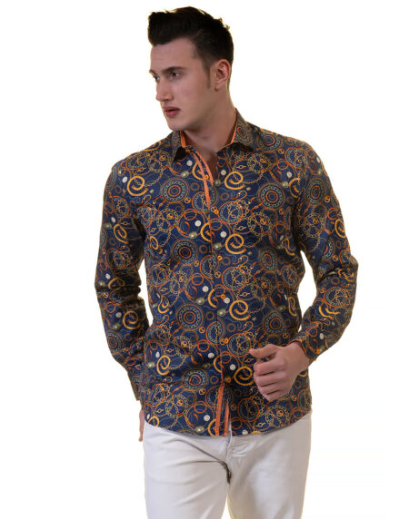 Blue with Orange Swirls Mens Slim Fit Designer Dress Shirt – tailored Cotton Shirts for Work and Casual Wear