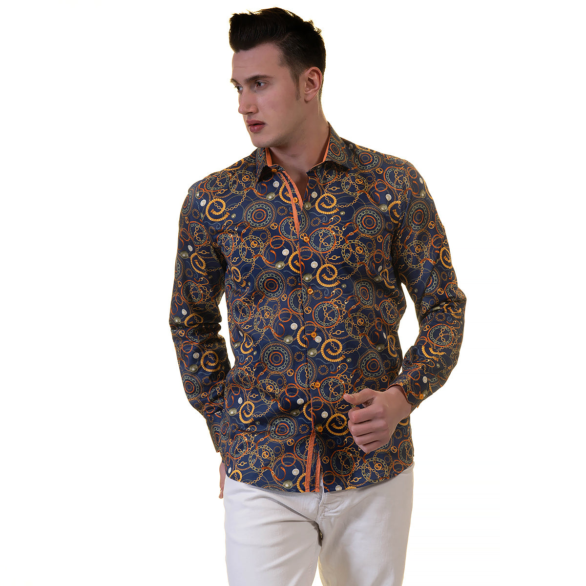 Blue with Orange Swirls Mens Slim Fit Designer Dress Shirt - tailored Cotton Shirts for Work and Casual Wear - Image 2