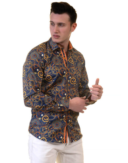 Blue with Orange Swirls Mens Slim Fit Designer Dress Shirt – tailored Cotton Shirts for Work and Casual Wear