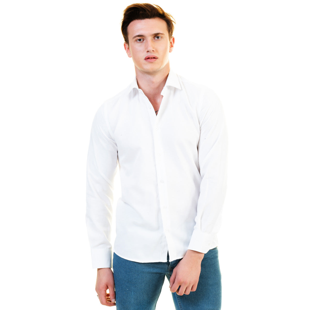 Solid White Mens Slim Fit Designer Dress Shirt - Tailored Cotton Shirts For Work And Casual - Image 2