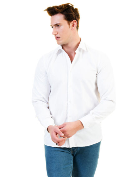 Solid White Mens Slim Fit Designer Dress Shirt – Tailored Cotton Shirts For Work And Casual