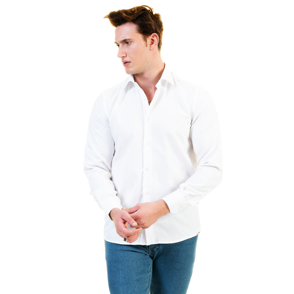 Solid White Mens Slim Fit Designer Dress Shirt - Tailored Cotton Shirts For Work And Casual - Image 3