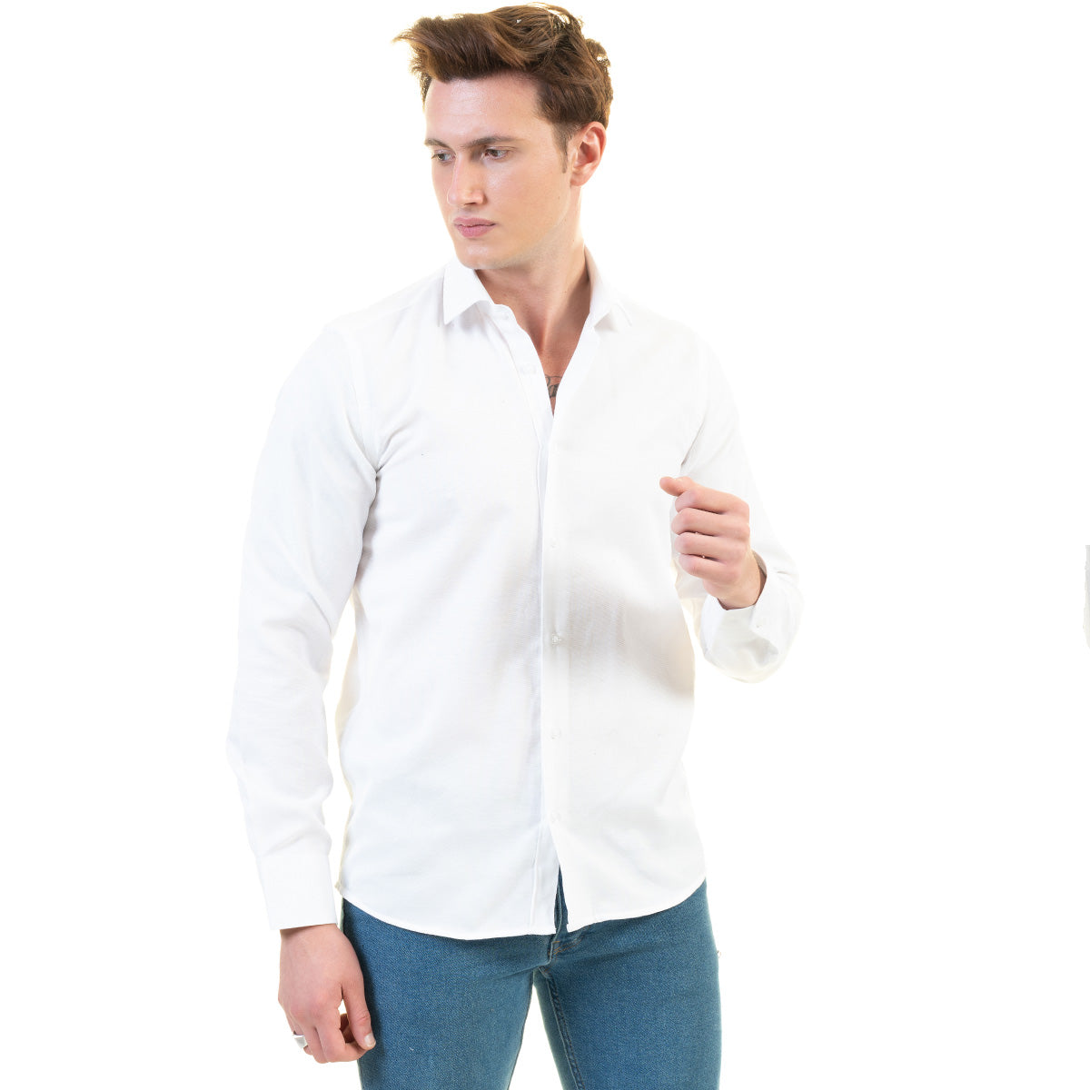 Solid White Mens Slim Fit Designer Dress Shirt - Tailored Cotton Shirts For Work And Casual - Image 4