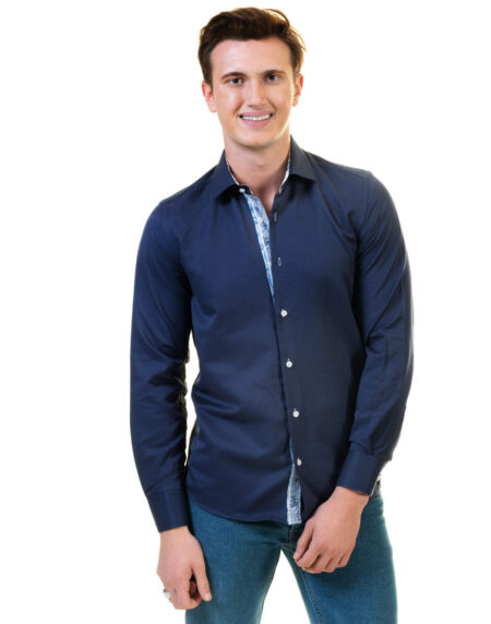 Rich Navy Blue Mens Slim Fit Designer Dress Shirt – Tailored Cotton Shirts For Work And Casual
