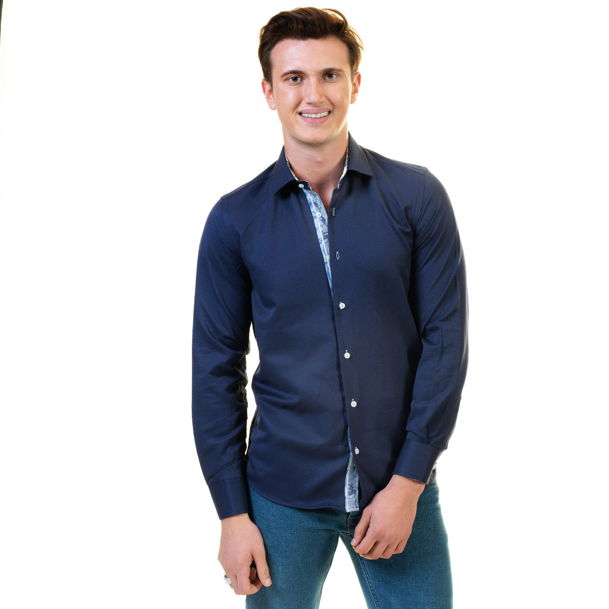 Rich Navy Blue Mens Slim Fit Designer Dress Shirt - Tailored Cotton Shirts For Work And Casual - Image 2