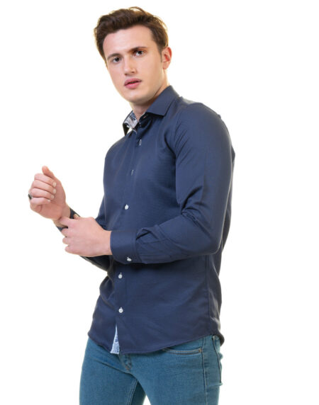 Rich Navy Blue Mens Slim Fit Designer Dress Shirt – Tailored Cotton Shirts For Work And Casual