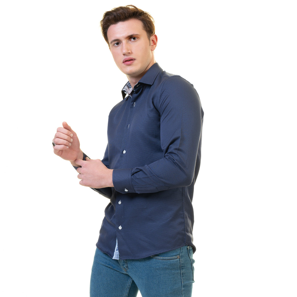 Rich Navy Blue Mens Slim Fit Designer Dress Shirt - Tailored Cotton Shirts For Work And Casual - Image 3