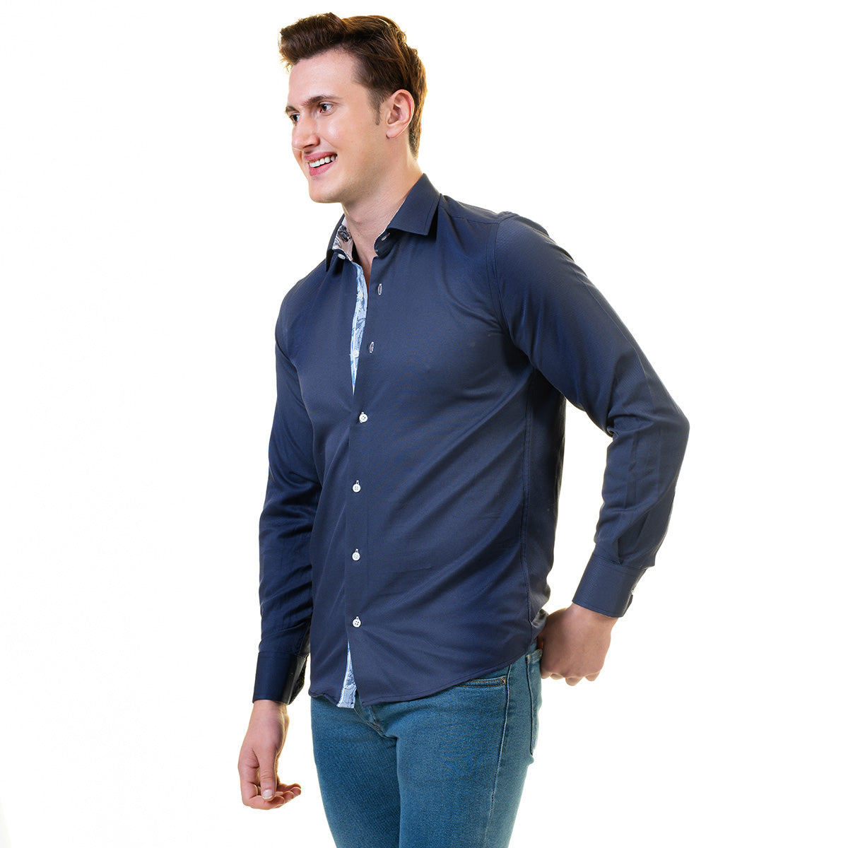 Rich Navy Blue Mens Slim Fit Designer Dress Shirt - Tailored Cotton Shirts For Work And Casual - Image 4
