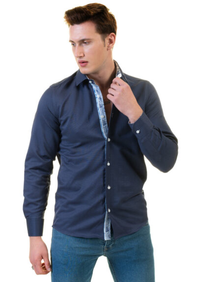 Rich Navy Blue Mens Slim Fit Designer Dress Shirt – Tailored Cotton Shirts For Work And Casual