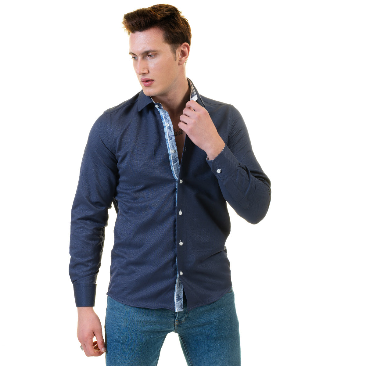 Rich Navy Blue Mens Slim Fit Designer Dress Shirt - Tailored Cotton Shirts For Work And Casual - Image 5