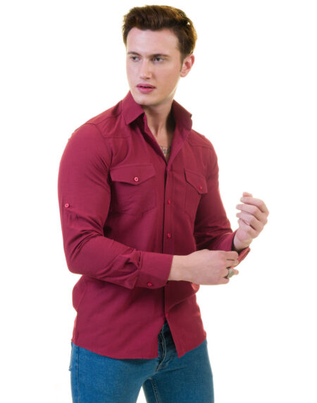 Dark Maroon Mens Slim Fit Designer Dress Shirt – tailored Cotton Shirts for Work and Casual Wear