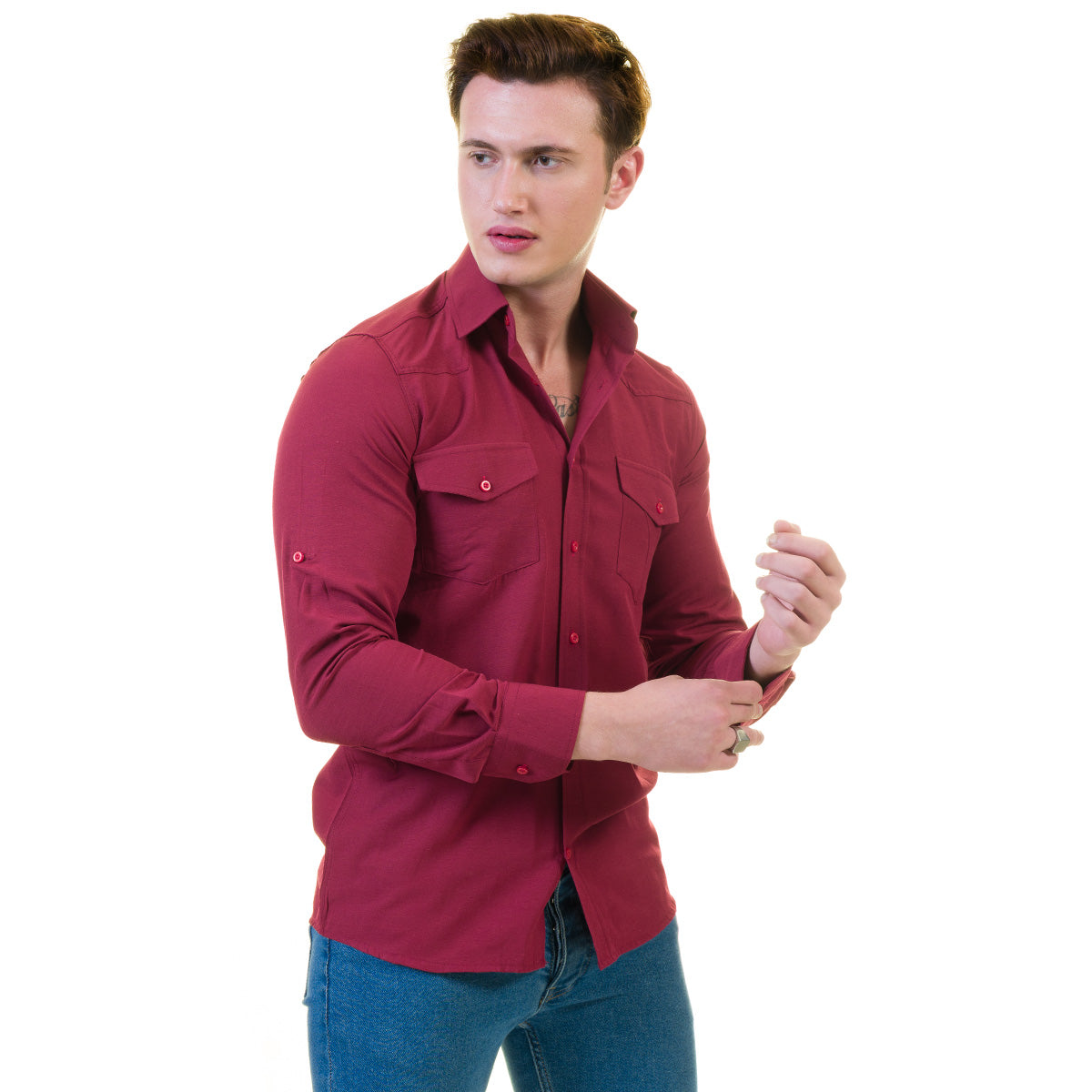 Dark Maroon Mens Slim Fit Designer Dress Shirt - tailored Cotton Shirts for Work and Casual Wear - Image 2
