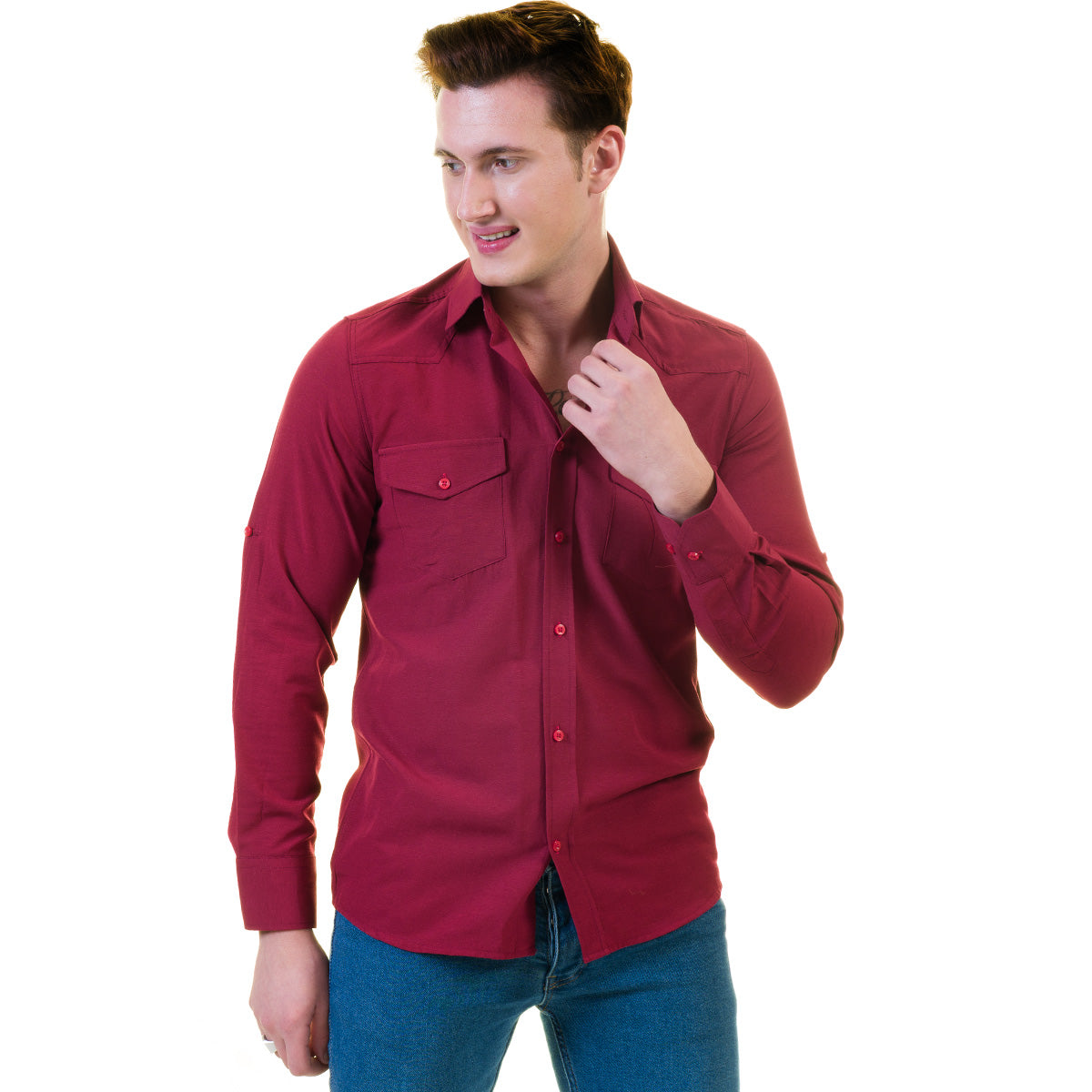 Dark Maroon Mens Slim Fit Designer Dress Shirt - tailored Cotton Shirts for Work and Casual Wear - Image 3