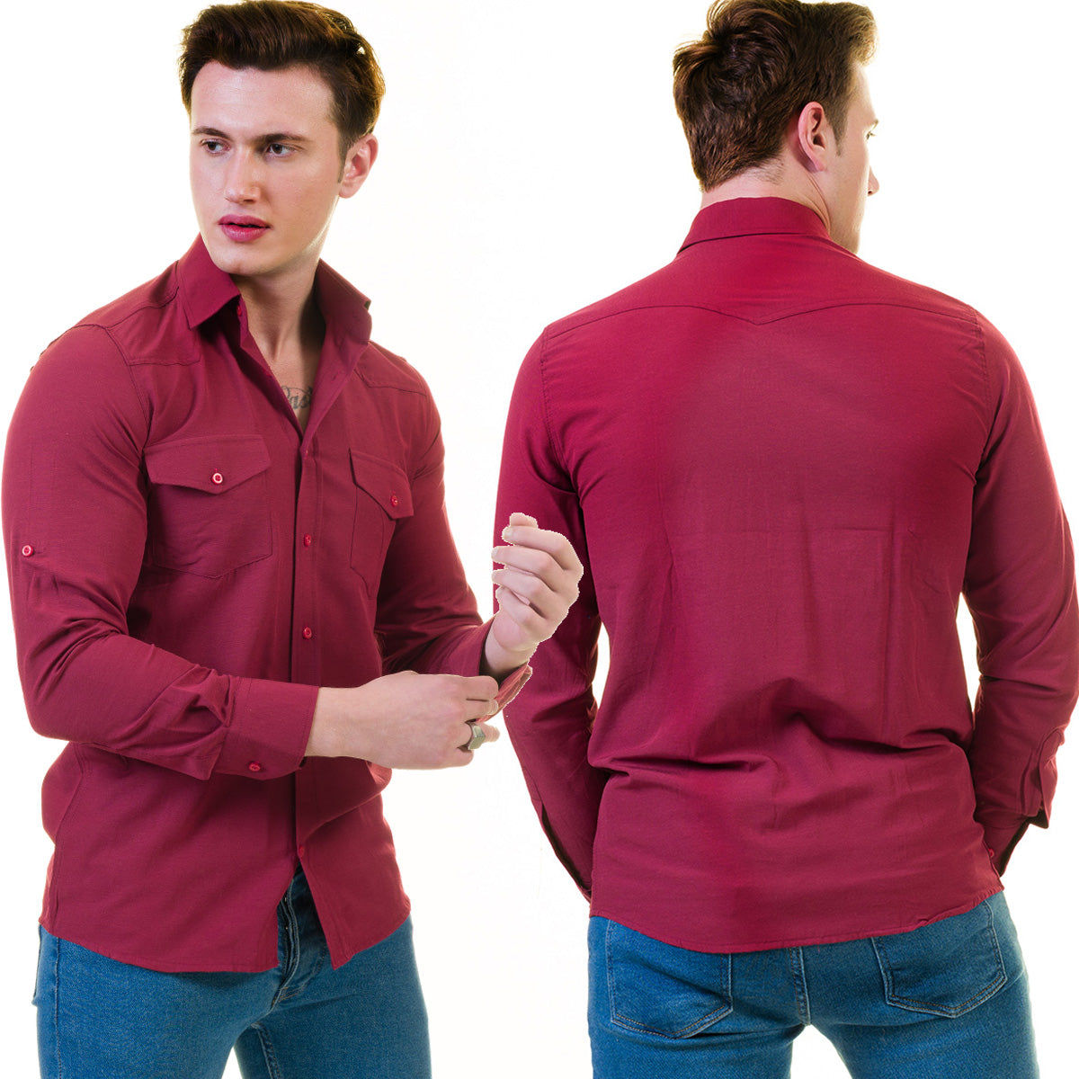 Dark Maroon Mens Slim Fit Designer Dress Shirt - tailored Cotton Shirts for Work and Casual Wear - Image 4