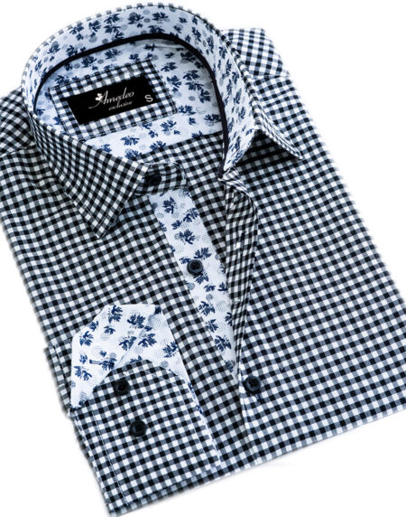 Black White Checkered with Light Blue Floral Mens Slim Fit Designer French Cuff Shirt – tailored Cotton Shirts for Work and Casual Wear