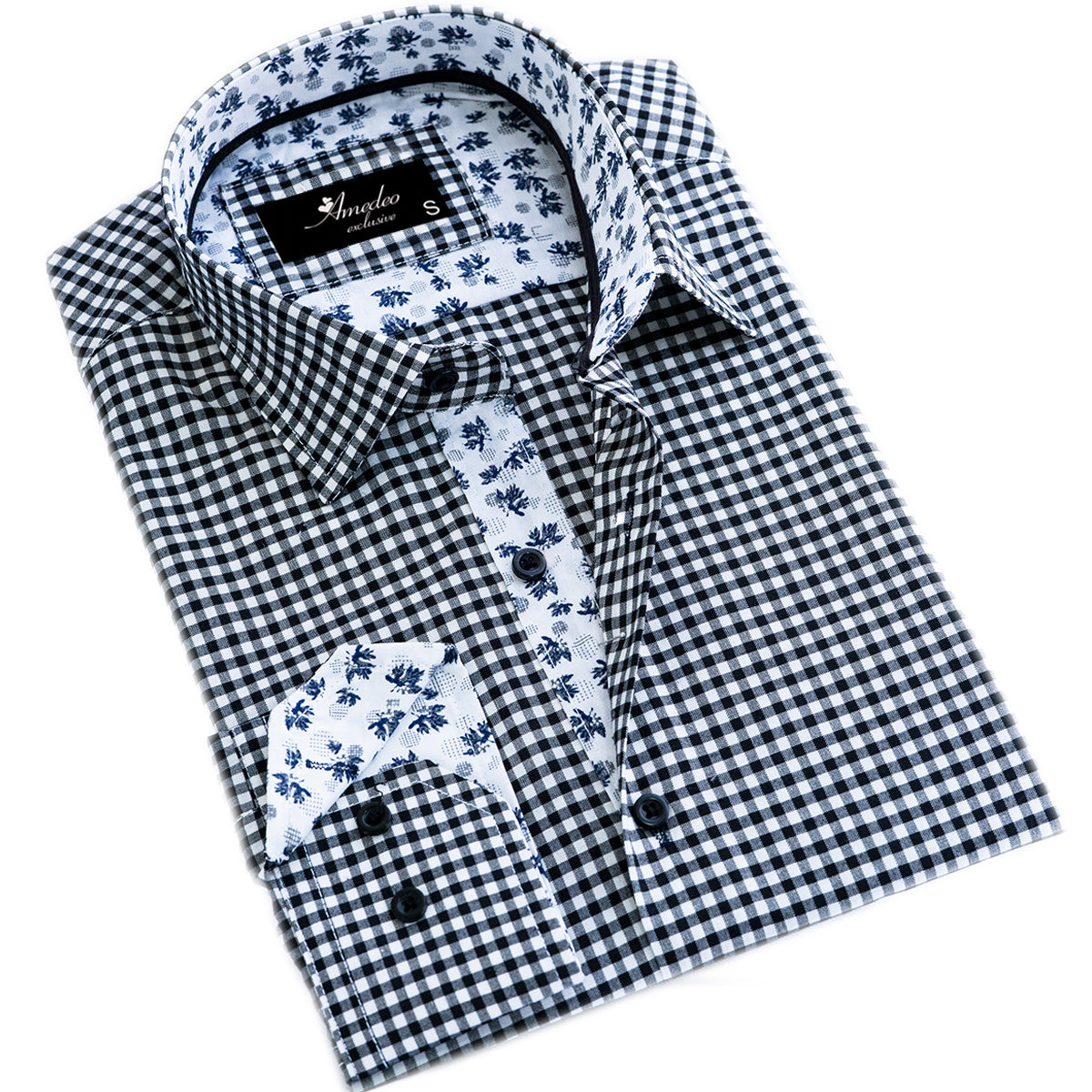 Black White Checkered with Light Blue Floral Mens Slim Fit Designer French Cuff Shirt – tailored Cotton Shirts for Work and Casual Wear