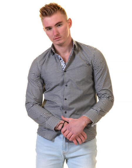 Black White Checkered with Light Blue Floral Mens Slim Fit Designer French Cuff Shirt – tailored Cotton Shirts for Work and Casual Wear