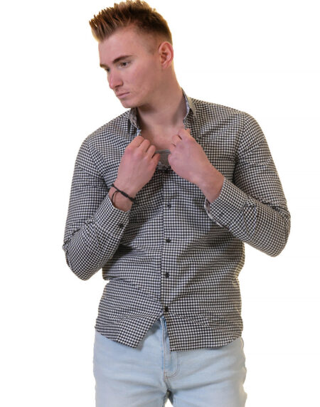 Black White Checkered with Light Blue Floral Mens Slim Fit Designer French Cuff Shirt – tailored Cotton Shirts for Work and Casual Wear