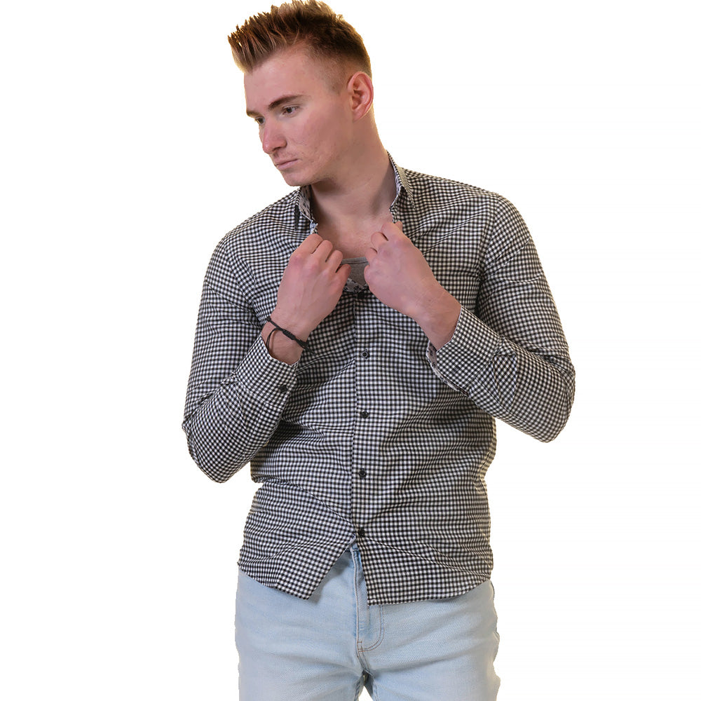 Black White Checkered with Light Blue Floral Mens Slim Fit Designer French Cuff Shirt - tailored Cotton Shirts for Work and Casual Wear - Image 3