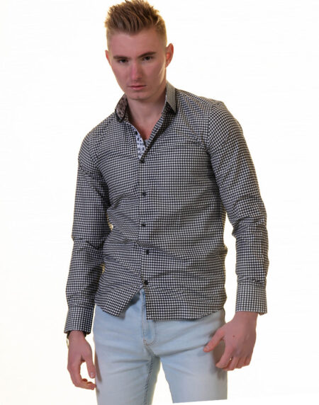 Black White Checkered with Light Blue Floral Mens Slim Fit Designer French Cuff Shirt – tailored Cotton Shirts for Work and Casual Wear