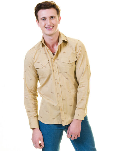 Solid Tan Safari Mens Slim Fit Designer Dress Shirt – tailored Cotton Shirts for Work and Casual Wear