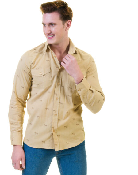 Solid Tan Safari Mens Slim Fit Designer Dress Shirt – tailored Cotton Shirts for Work and Casual Wear