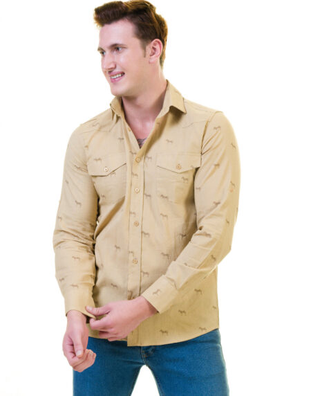Solid Tan Safari Mens Slim Fit Designer Dress Shirt – tailored Cotton Shirts for Work and Casual Wear