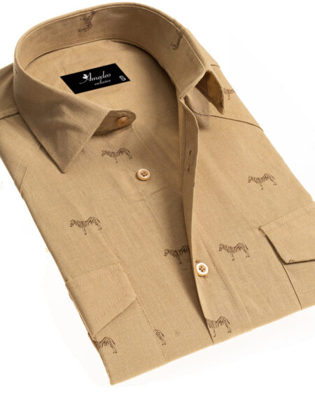 Solid Tan Safari Mens Slim Fit Designer Dress Shirt – tailored Cotton Shirts for Work and Casual Wear