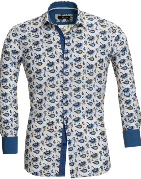 Blue Paisley Mens Slim Fit Designer Dress Shirt – Tailored Cotton Shirts For Work And Casual