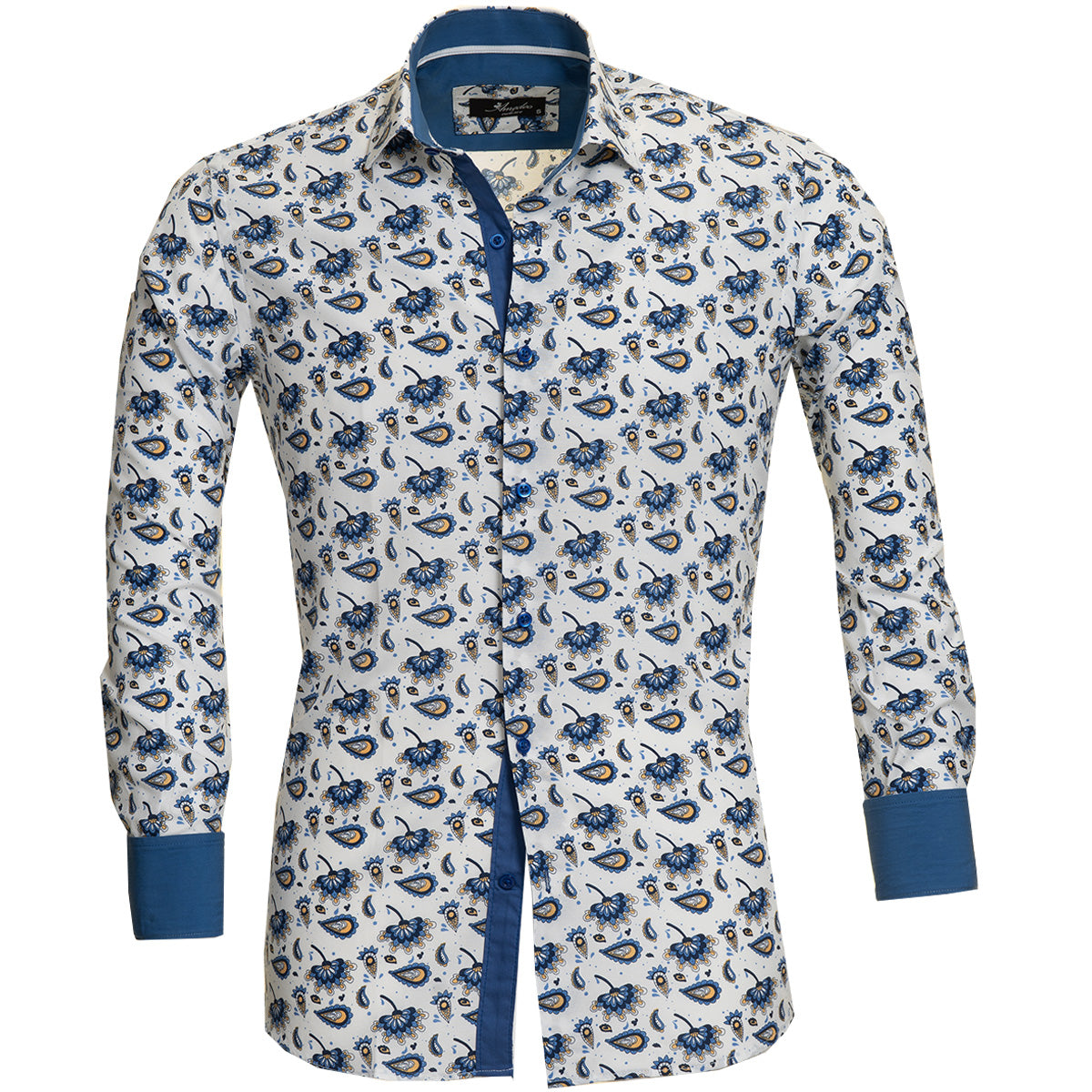 Blue Paisley Mens Slim Fit Designer Dress Shirt - Tailored Cotton Shirts For Work And Casual - Image 2