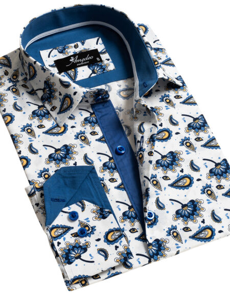 Blue Paisley Mens Slim Fit Designer Dress Shirt – Tailored Cotton Shirts For Work And Casual