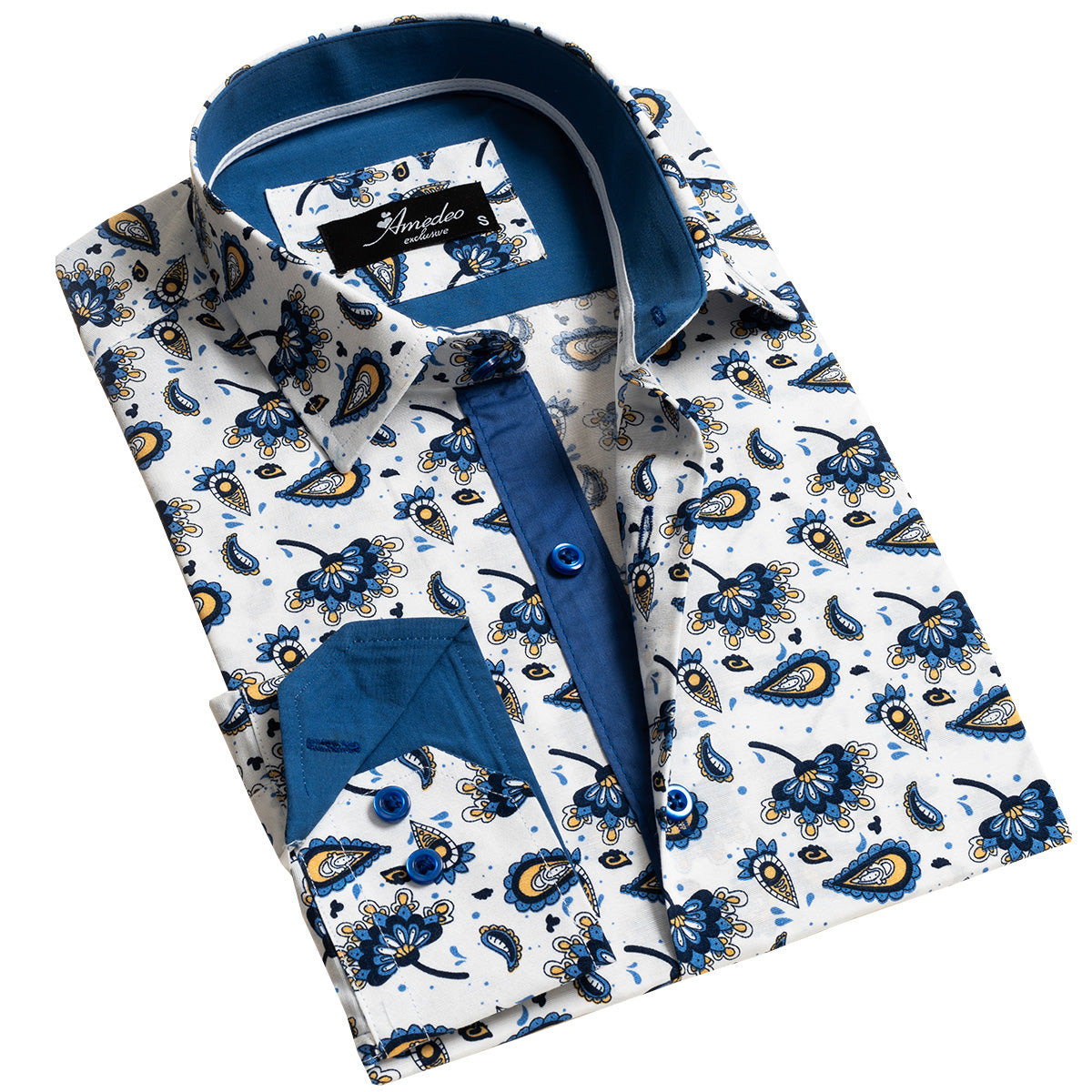 Blue Paisley Mens Slim Fit Designer Dress Shirt – Tailored Cotton Shirts For Work And Casual