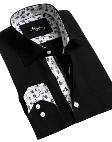 Black Mens Slim Fit Designer French Cuff Shirt – Tailored Cotton Shirts For Work And Casual