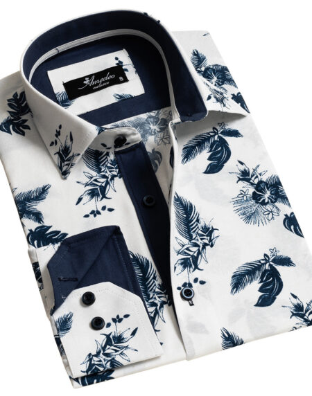 White Paisley Mens Slim Fit Designer Dress Shirt – Tailored Cotton Shirts For Work And Casual