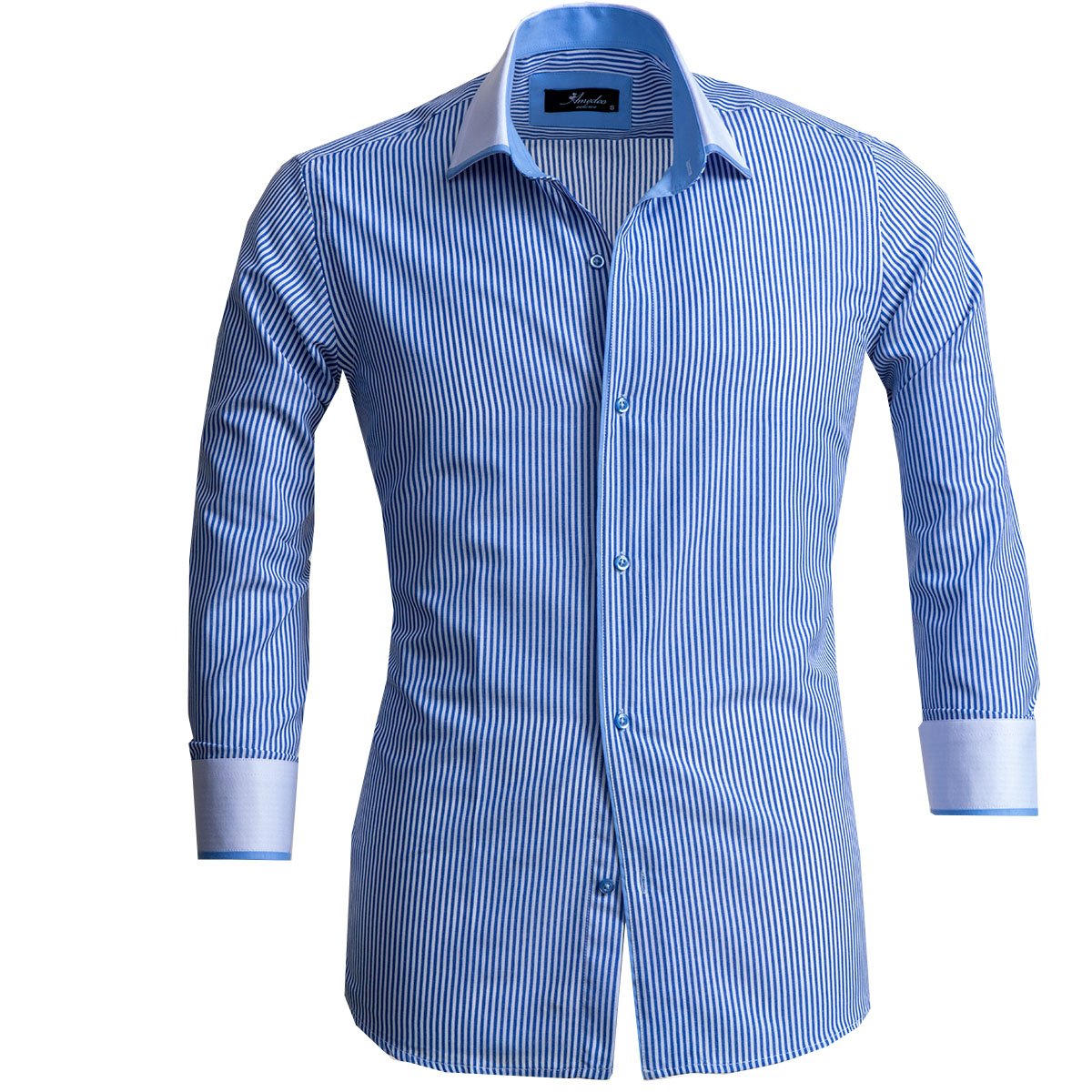 White & Blue Lines Mens Slim Fit Designer Dress Shirt - tailored Cotton Shirts for Work and Casual - Amedeo Exclusive
